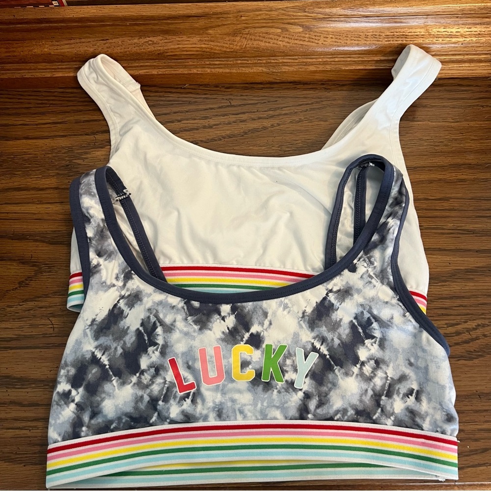 Lucky brand Rainbow white and Tie-Dye set of 2  Sports Bras pull on easy style